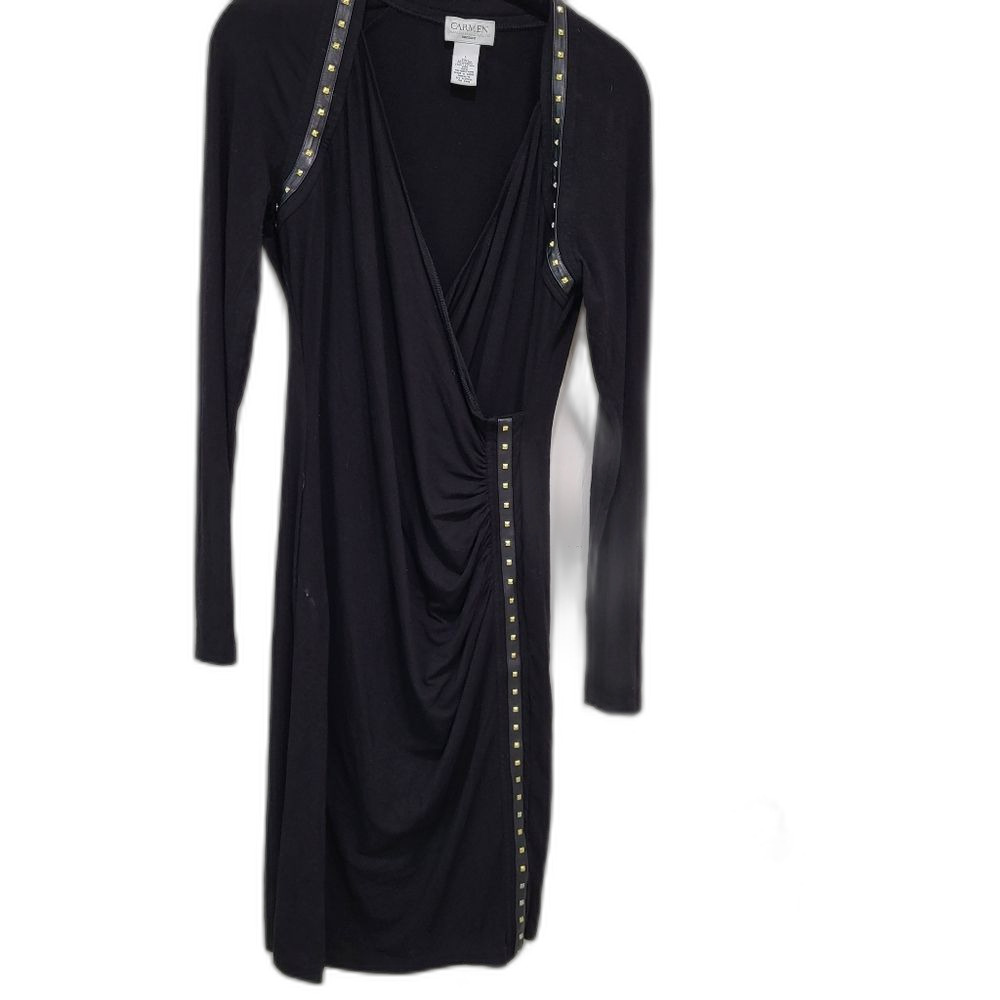 Studded Wrap Look Dress wirh Faux Leather Trim - Large
